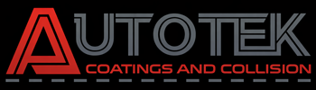 Autotek Coatings and Collisions logo. Large Red "A" with Dark Blue Grey "utotek" above red Coatings and Collisions.